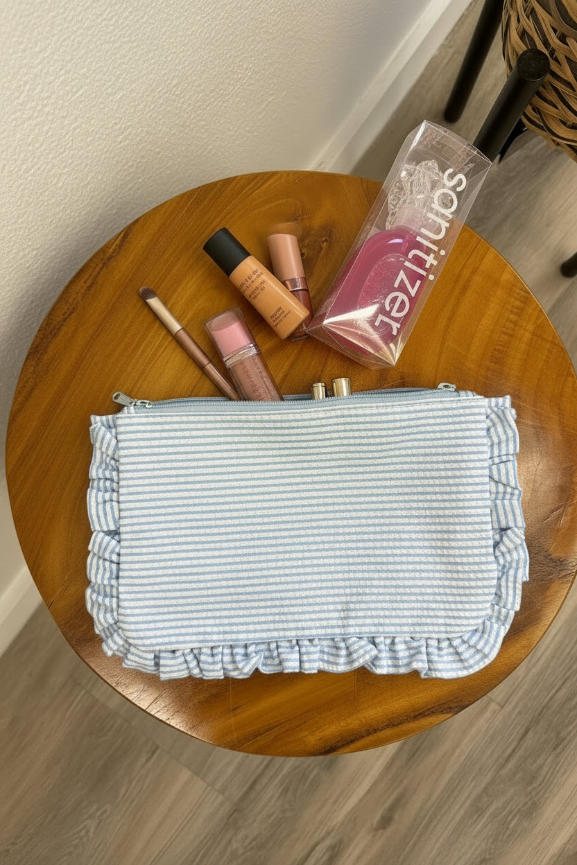 Seersucker Cosmetic Pouch with Ruffle