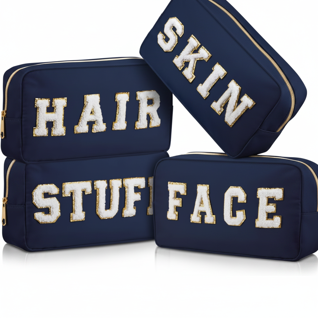 Navy Toiletry Bag with Chenille Lettering
