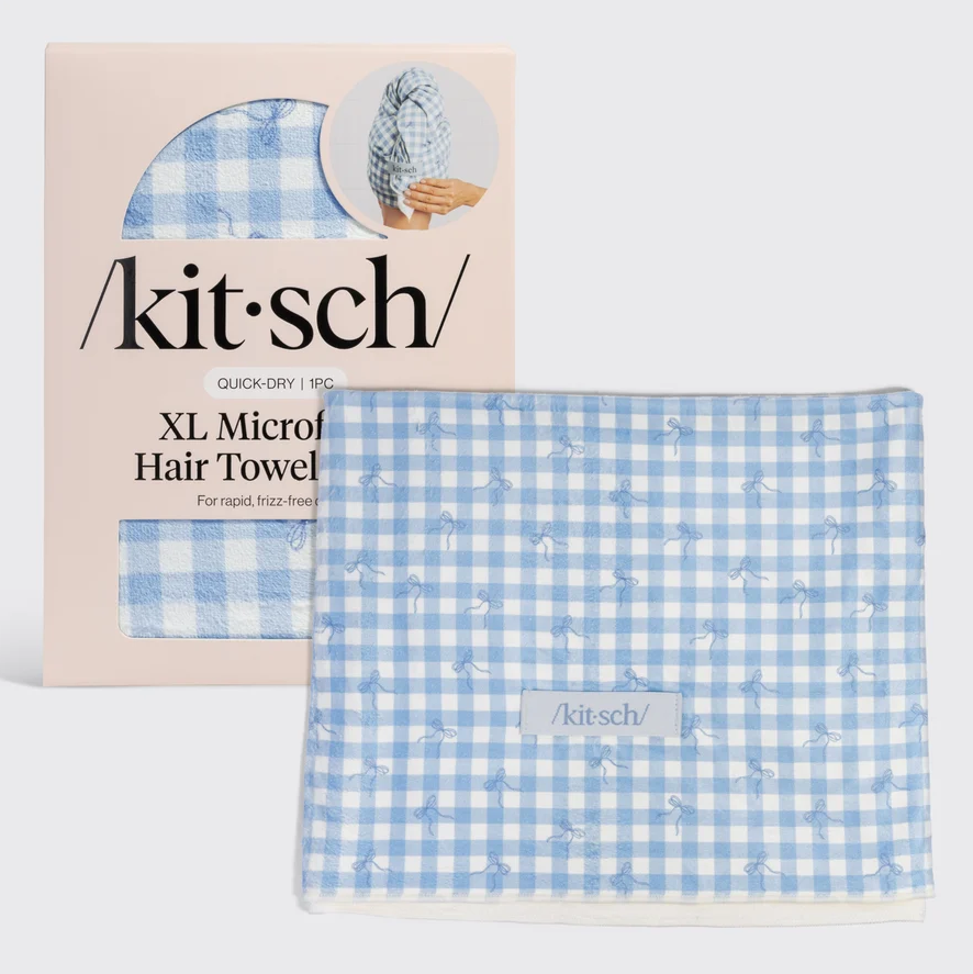 XL Microfiber Hair Towel Wrap | Gingham Blue