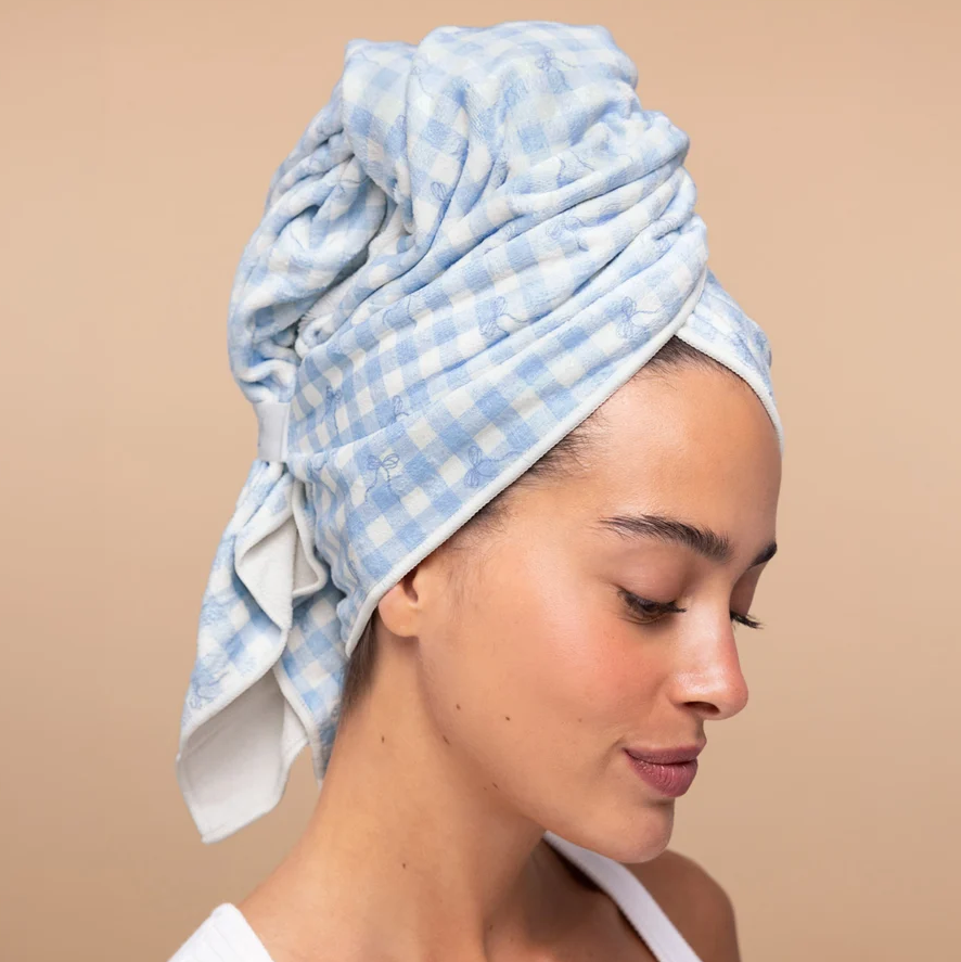 XL Microfiber Hair Towel Wrap | Gingham Blue